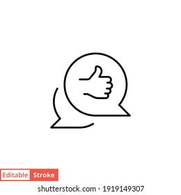 Bubble speech talk with thumb up line icon. Testimonials and customer relationship management concept. Simple outline style. Vector illustration isolated on white background. Editable stroke EPS 10. 