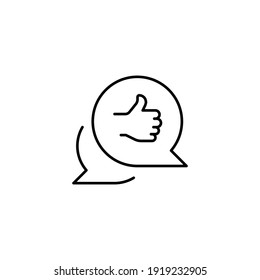 Charla de discurso de burbuja con el icono de línea de pulgar hacia arriba. Testimonios y concepto de gestión de relaciones con el cliente. Estilo de contorno simple. Ilustración vectorial aislada en fondo blanco. EPS 10.
