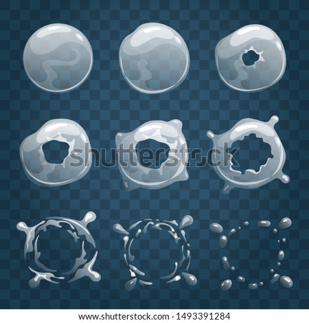 Bubble sprite animation. Cartoon bubbly explosion effect process, vector soap ball puff bursting animator frames