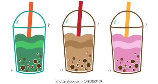 Bubble strawberry milk tea,green tea,tea in glass tubes with lids .Pearl milk.