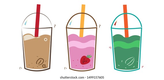 Bubble strawberry milk tea,green tea,tea in glass tubes with lids .Pearl milk.