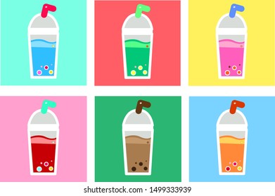Bubble strawberry milk tea,green tea,tea in glass tubes with lids .Pearl milk.
