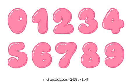 Bubble style pink numbers from 0 to 9. Childish plump digits. Y2K style. Preschool math game, milestones, birthday cards. Vector illustration isolated on white background