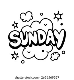Bubble Sunday Lettering Icon, Vector Word Art with Whimsical Doodles and Weekend Mood