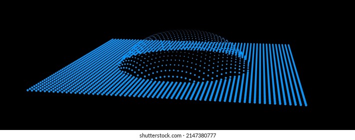 Bubble swelling as mountain. Hill, spherical protrusion. Hemisphere from dots.. Particle points dimension sound wave. Part of sphere effect polar hill globe surface. Big data flow calculation.