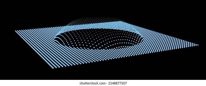 Bubble swelling as mountain. Hill, spherical protrusion. Hemisphere from dots.. Particle points dimension sound wave. Part of sphere effect polar hill globe surface. Big data flow calculation.