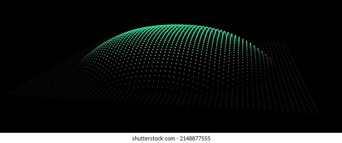 Bubble swelling as mountain. Hill, spherical protrusion. Hemisphere from dots.. Particle points dimension sound wave. Part of sphere effect polar hill globe surface. Big data flow calculation.