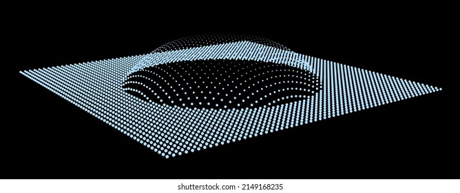 Bubble swelling as mountain. Hill, spherical protrusion. Hemisphere from dots.. Particle points dimension sound wave. Part of sphere effect polar hill globe surface. Big data flow calculation.