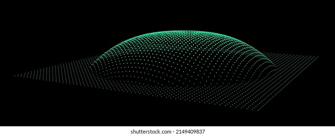 Bubble swelling as mountain. Hill, spherical protrusion. Hemisphere from dots.. Particle points dimension sound wave. Part of sphere effect polar hill globe surface. Big data flow calculation.