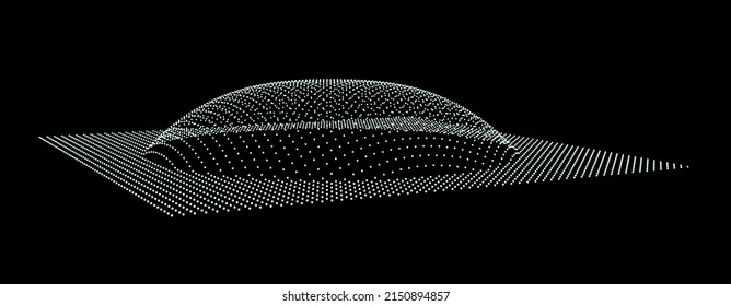 Bubble swelling as mountain. Hill, spherical protrusion. Hemisphere from dots.. Particle points dimension sound wave. Part of sphere effect polar hill globe surface. Big data flow calculation.