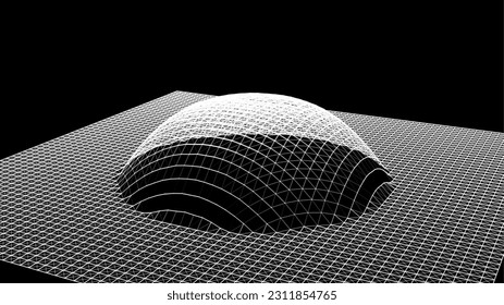 Bubble swelling as mountain. Hill, spherical protrusion. Hemisphere from dots.. Particle points dimension sound wave. Part of sphere effect polar hill globe surface. Big data flow calculation.