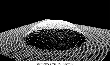 Bubble swelling as mountain. Hill, spherical protrusion. Hemisphere from dots.. Particle points dimension sound wave. Part of sphere effect polar hill globe surface. Big data flow calculation.