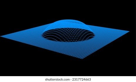 Bubble swelling as mountain. Hill, spherical protrusion. Hemisphere from dots.. Particle points dimension sound wave. Part of sphere effect polar hill globe surface. Big data flow calculation.