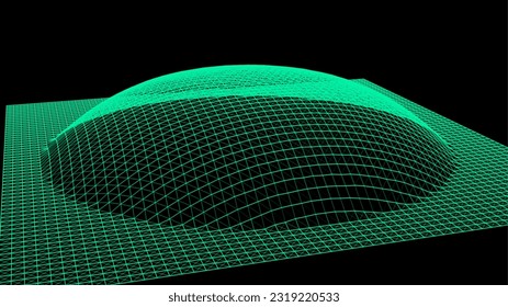 Bubble swelling as mountain. Hill, spherical protrusion. Hemisphere from dots.. Particle points dimension sound wave. Part of sphere effect polar hill globe surface. Big data flow calculation.