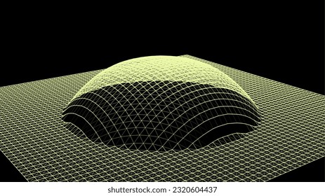 Bubble swelling as mountain. Hill, spherical protrusion. Hemisphere from dots.. Particle points dimension sound wave. Part of sphere effect polar hill globe surface. Big data flow calculation.