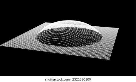 La burbuja se hinchó como la montaña. Colina, protrusión esférica. Hemisferio desde puntos. La onda de sonido de la dimensión puntos de partículas. Parte de la esfera efecto de la superficie del globo de la colina polar. Cálculo del gran flujo de datos.