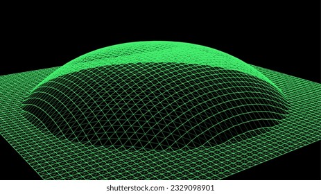 La burbuja se hinchó como la montaña. Colina, protrusión esférica. Hemisferio desde puntos. La onda de sonido de la dimensión puntos de partículas. Parte de la esfera efecto de la superficie del globo de la colina polar. Cálculo del gran flujo de datos.
