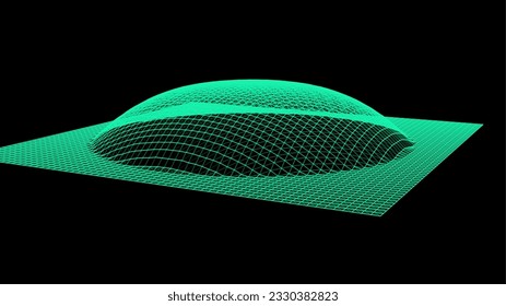 Bubble swelling as mountain. Hill, spherical protrusion. Hemisphere from dots.. Particle points dimension sound wave. Part of sphere effect polar hill globe surface. Big data flow calculation.