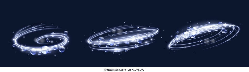 Bubble swirl effect designs with transparent circular shapes, glowing blue edges and floating spheres. Luminous spiral patterns of underwater movement illusion for laundry and body care design.