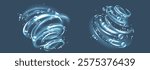 Bubble swirl effect with spiral luminous trails - glowing vortex decorated with transparent spheres and shimmering particles on blue background. Radiant energy streams of dynamic whirlpool patterns.