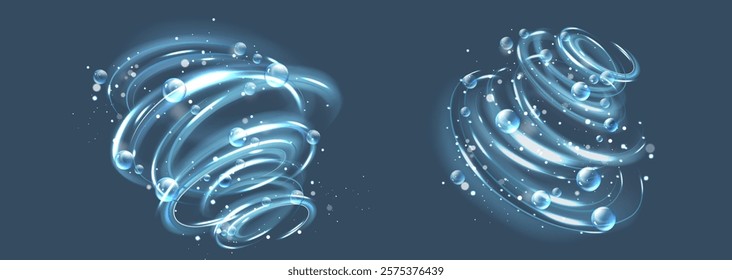 Bubble swirl effect with spiral luminous trails - glowing vortex decorated with transparent spheres and shimmering particles on blue background. Radiant energy streams of dynamic whirlpool patterns.