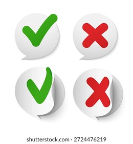 Símbolo de burbuja con una marca de verificación OK, cruz. Señal de mensaje con marca verde sí, marca roja no.