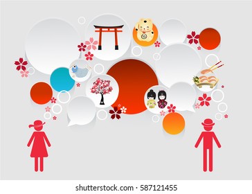 bubble talk infographic for travel japan icon set. women and man speech background. vector illustration.
