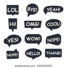 Bubble talk phrases. Black and white online chat clouds with different words, comments, information, shapes. Vector