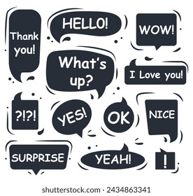 Bubble talk phrases. Black and white online chat clouds with different words, comments, information, shapes. Vector