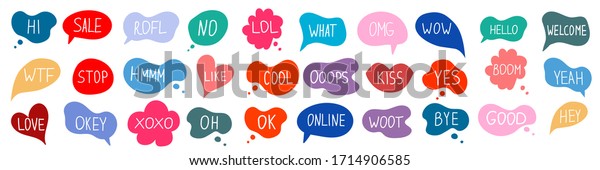Bubble talk phrases hand\
draw big set . Online chat clouds with different words comments\
information shapes vector isolated on white background.  Stock\
illustration