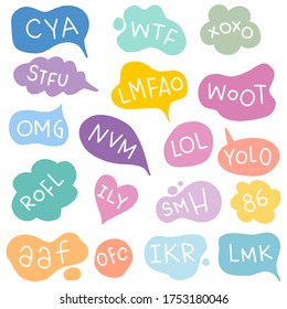 Bubble talk phrases hand drawn set. Online slang chat clouds with different shapes 