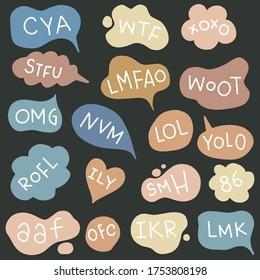 Bubble talk phrases hand drawn set. Online slang chat clouds with different shapes 