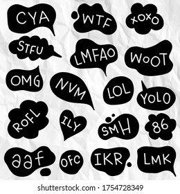 Bubble talk phrases hand drawn set. Online slang chat clouds with different shapes 