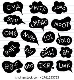 Bubble talk phrases hand drawn set. Online slang chat clouds with different shapes 