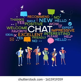 Blase spricht Sätze. Online Chat Wolken mit verschiedenen Wörtern UND Menschen ICONS.