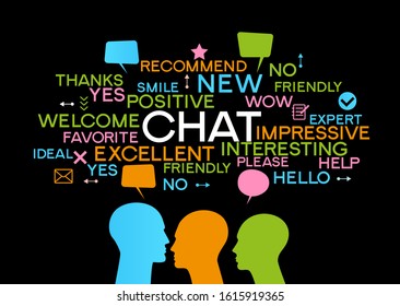 Frases de conversa bolha. Nuvens de bate-papo on-line com palavras diferentes E ÍCONES DE PESSOAS.
