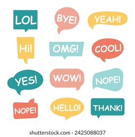 Bubble talk phrases. Online chat clouds with different words, comments, information, shapes. Vector