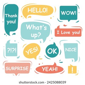 Bubble talk phrases. Online chat clouds with different words, comments, information, shapes. Vector