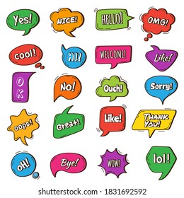 Bubble talk. Speech round frames with phrases different tags dialogue words vector chat symbols