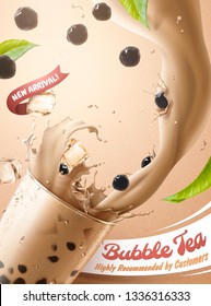 Bubble tea ads with splashing milk tea and pearl pouring into glass cup, 3d illustration