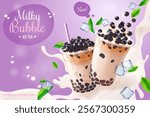 Bubble tea advertising. Boba drink milk with tapioca pearls, asian cool beverage with splash commercial ad poster, sugar coffee in plastic cup realistic exact vector illustration original artwork