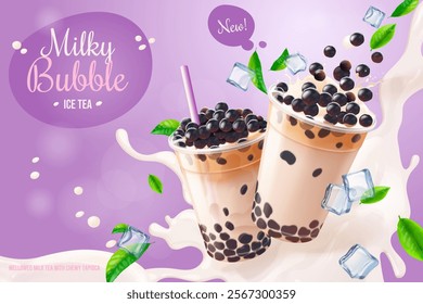 Bubble tea advertising. Boba drink milk with tapioca pearls, asian cool beverage with splash commercial ad poster, sugar coffee in plastic cup realistic exact vector illustration original artwork