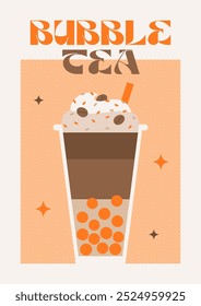 Bubble Tea art. Coffee latte Boba. Glass of Orange bubble tea. Taiwan milk tea with bubbles. Boba milk tea. Retro colorful poster with drink. Modern trendy print. 