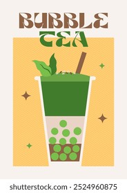 Bubble Tea art, Matcha Latte. Vidro de chá de bolha verde. Chá de leite de Taiwan com bolhas. Chá com leite Boba. Cartaz colorido retrô com bebida. Impressão moderna. 