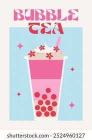 Bubble Tea art. Strawberry milk Boba. Glass of Pink bubble tea. Taiwan milk tea with bubbles. Boba milk tea. Retro colorful poster with drink. Modern trendy print. 