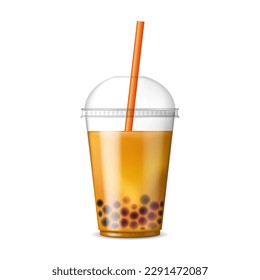 Té de burbujas. Bebé asiático con bolas de gelatina de tapioca. Té de fruta con perlas de tapioca. Bob tea. Ilustración vectorial realista aislada en fondo blanco.