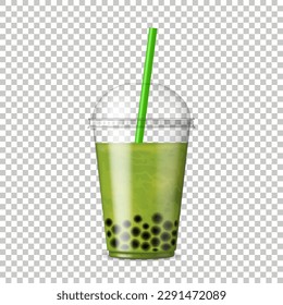 Bubble Tea. Asian drink with tapioca jelly balls. Fruit tea with tapioca pearls. Bob tea. Realistic vector illustration.