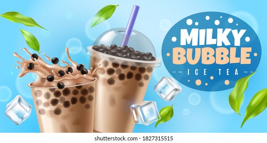 Bubble tea. Asian milk boba tea drink with tapioca pearls, plastic cup with cool beverage milky bubbles splash and closed glass to go sweet liquid dessert with balls, realistic vector horizontal flyer