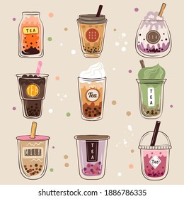 Bubble tea. Asian traditional drink milkshake cup drinking dessert in plastic glasses vector doodle illustrations