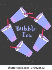 Bubble tea with balls , a glass on a black background